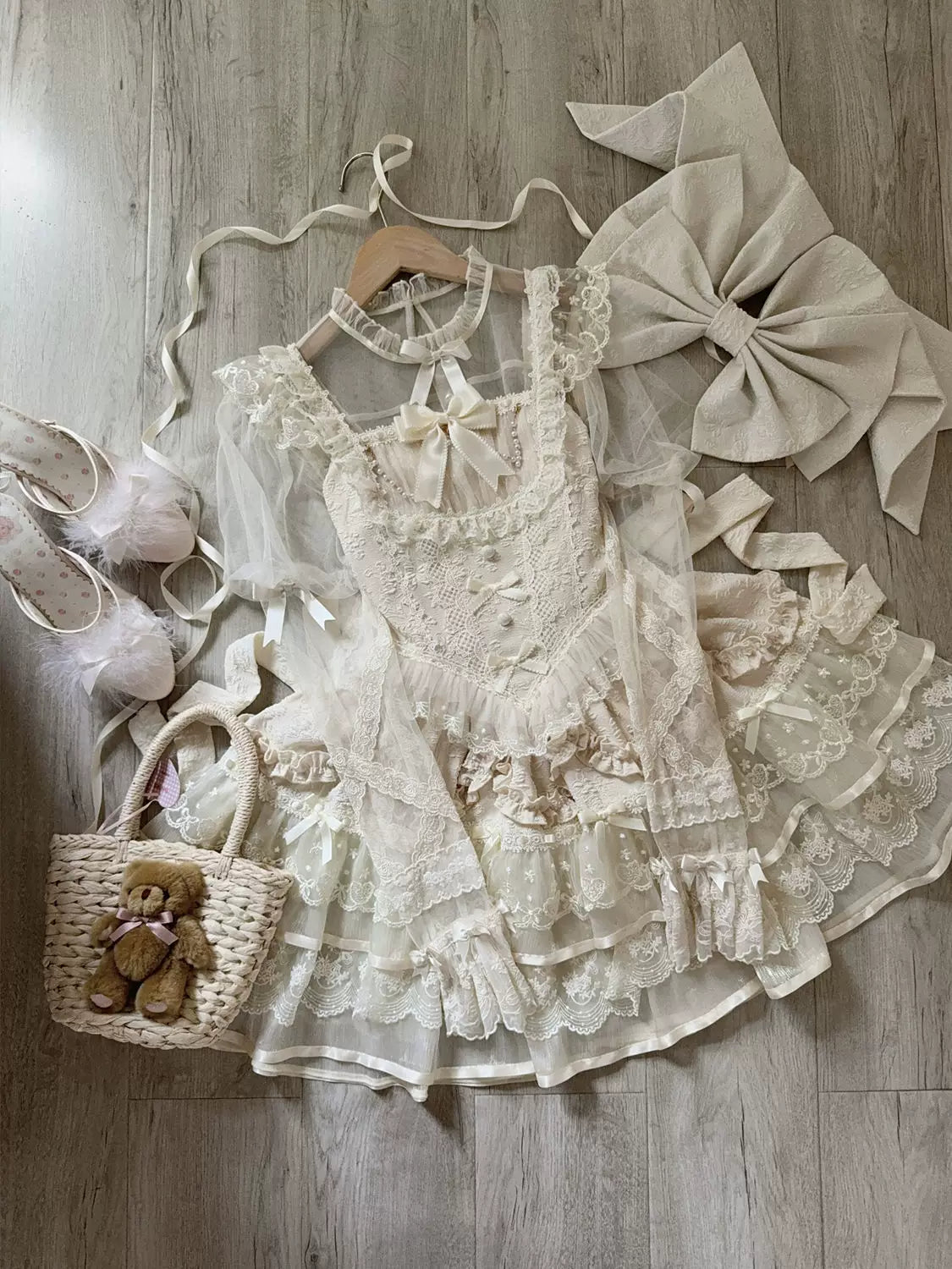 Ballet Dream - Sweet Lolita JSK Dress, Petal-like Layered Skirt Apricot - JSK + Back Trailing Bow S