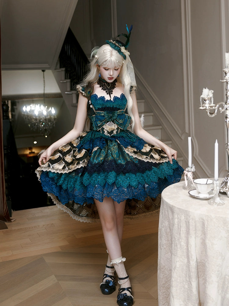 Mewroco~Peacock Feather 1.0~Gorgeous Bridal Lolita JSK Dress With Detachable Trailings