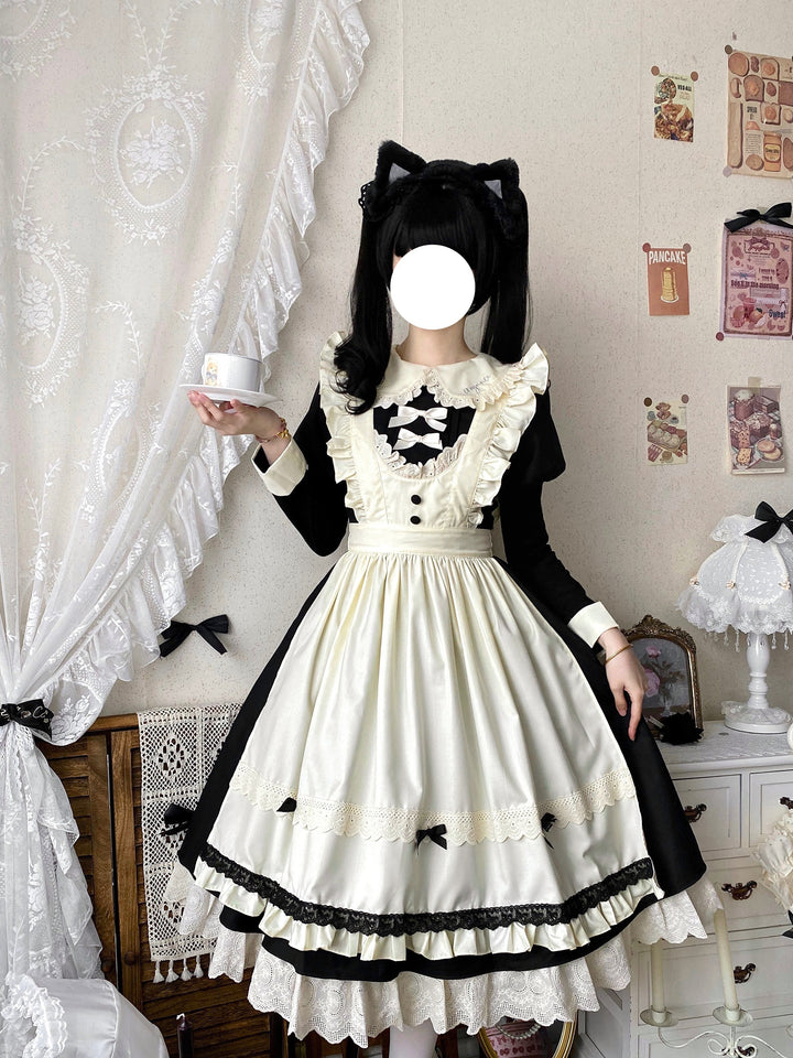 Qianmu~Classic Maid~Gothic Maid Lolita OP Suit with Apron and Jabot