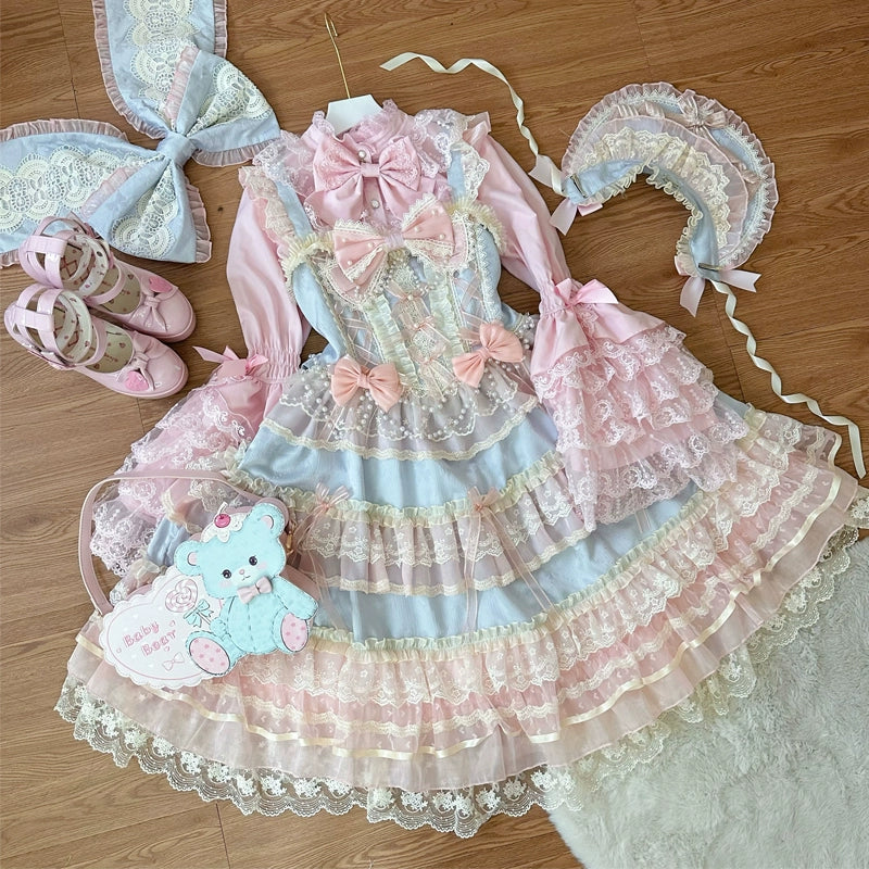 Hanguliang - Star Love Song - Wedding Sweet Lolita JSK Suit Doll-like Dress Blue bow trailing (only one) S