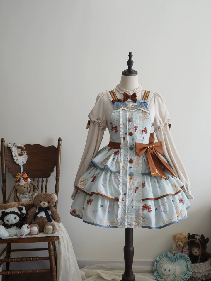 Cheese Mee Mee~Seaside Tea Party~Sweet Lolita Dress Cute Print JSK and Cape Green Salopette Only S