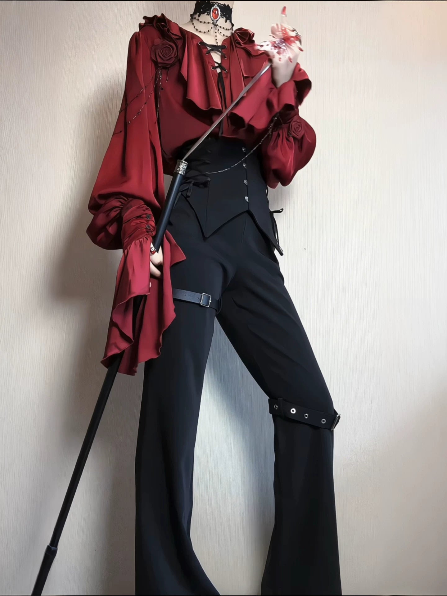 Ouji Lolita V-Line Backless Blouse & Slight Flare Pants 45671:858325