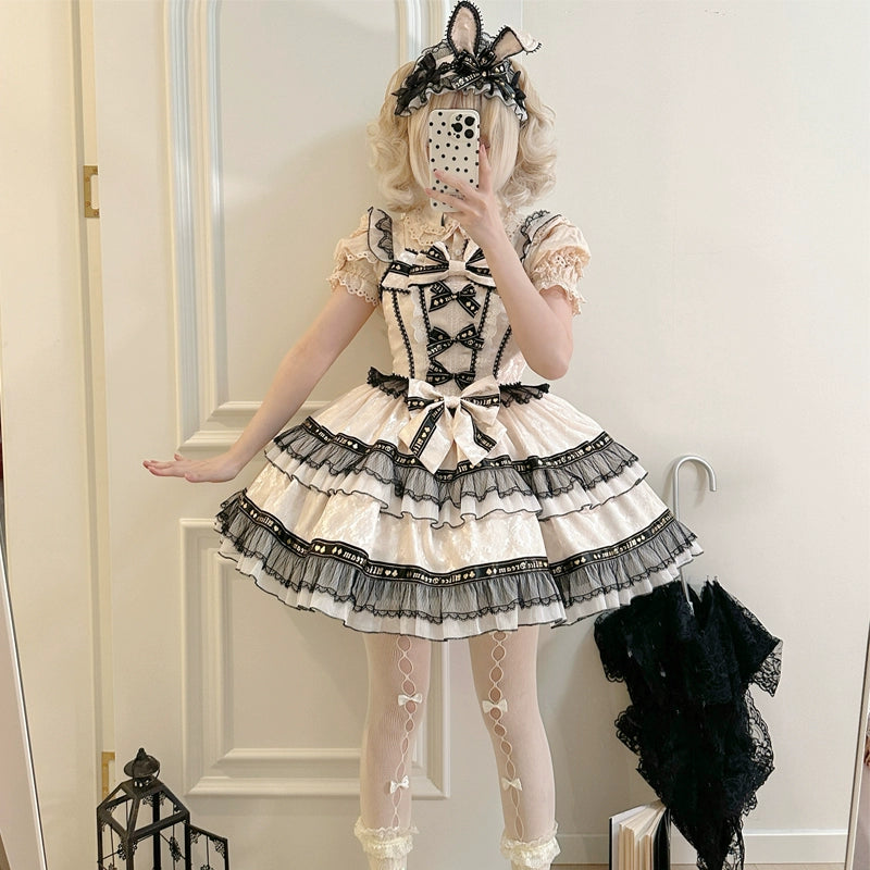 Hanguliang~Rabbit Spades~Kawaii Lolita JSK Flounce Hem Bi-color Dress S apricot JSK only 