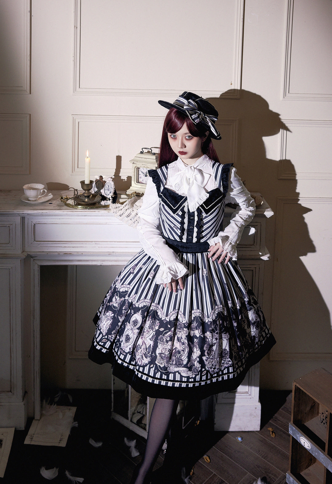 (Buyforme)Little Bear~Gothic Lolita Black and White Striped JSK Set   