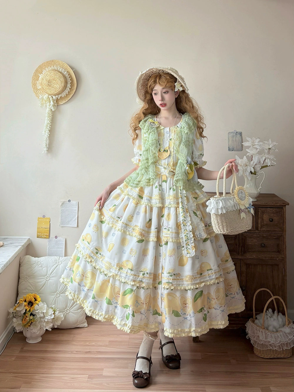 Miss Point~Lemon Chick~Country Lolita Printed OP With Button Front 42984:760145