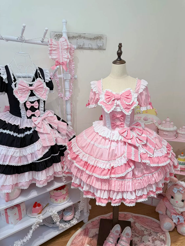Hanguliang~Showa Flower Butterfly~Pink Sweet Lolita OP Dress With Bows & Lace Trim Pink OP Only S