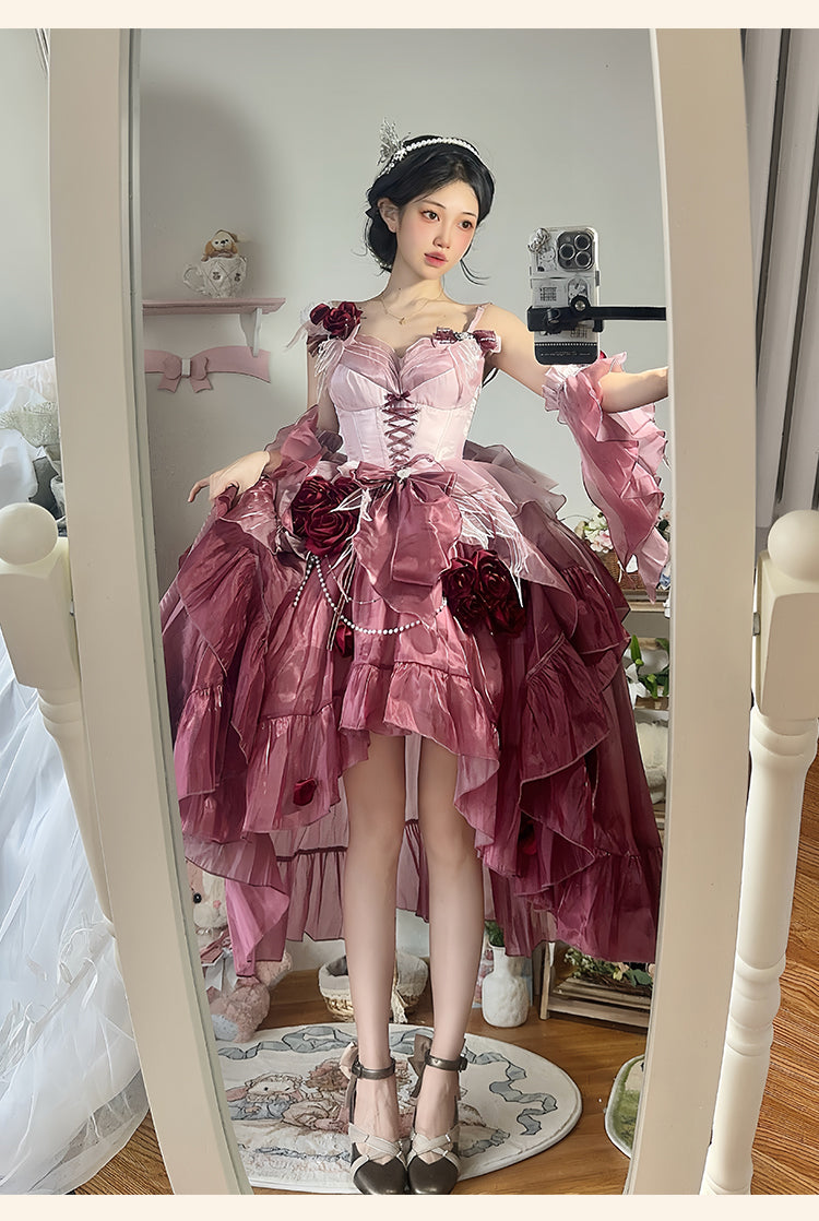 Meowing and Fruity~Swan Wonderland~Fairy Lolita JSK with High-Low Hem Plum Red - Single JSK Only S