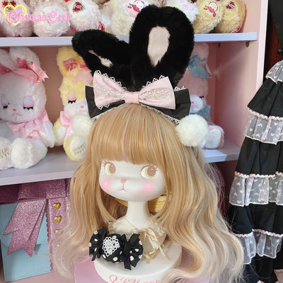(Buyforme)Cheese Cat~Cute and Fluffy Rabbit Ear Lolita KC black pink rabbit ear kc  