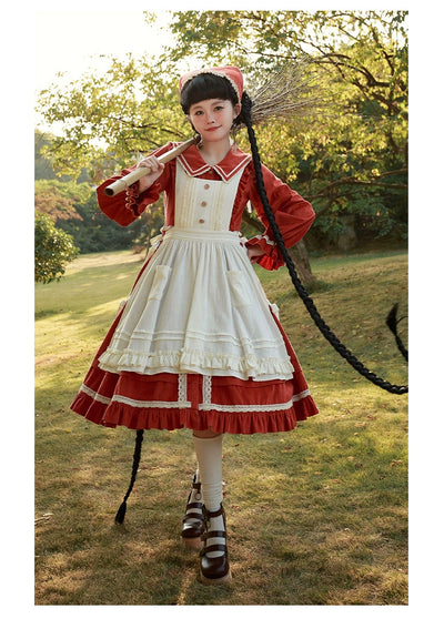 With PUJI~Makino Song~Country Lolita OP Dress Corduroy Apron Dress   
