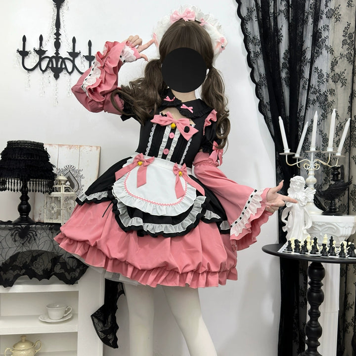 Hanguliang~Cute Maid Lolita Dress Short Sleeve Floral OP Dress S Black-Pink (Dress + Apron + Cuffs) 