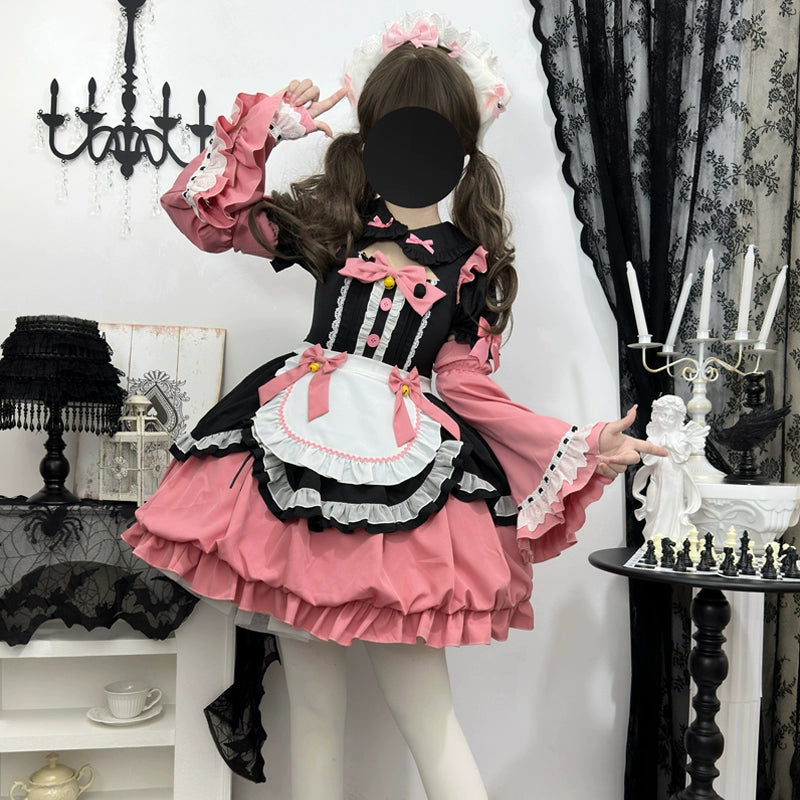 Hanguliang - Cute Maid Lolita Apron OP Dress S Black-Pink (Dress + Apron + Cuffs)