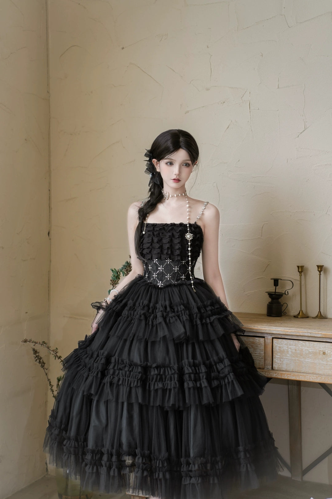 Sara Bell~Hailey~Elegant Lolita JSK Dress with Large Tiered Voile Hem