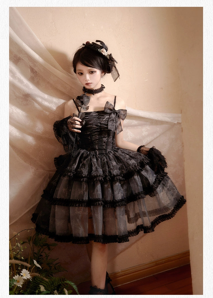 With PUJI~Butterfly Dream SP~Classic Lolita JSK Dress Fishbone Black Dress   