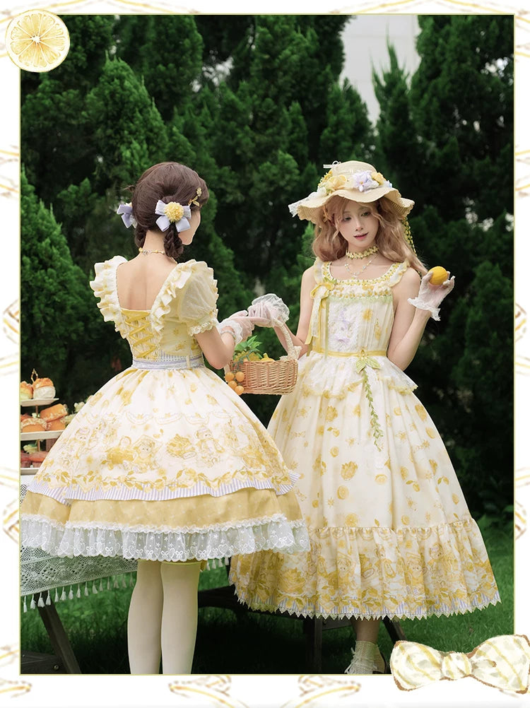 Lemon Drop - Classic Lolita Lemon & Bear Printed OP Dress 45501:851110