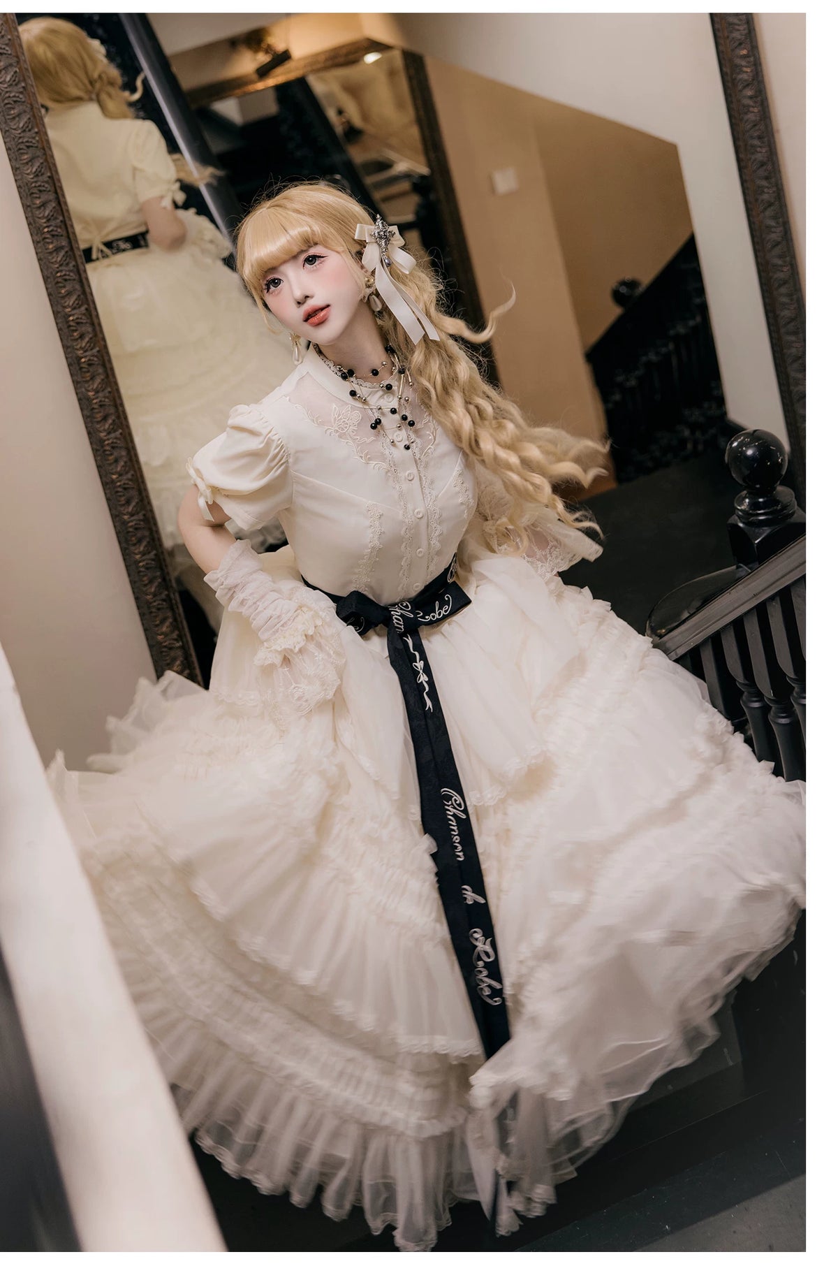 Glass Floral Garden - Classic Lolita Blouse and SK Set, Butterfly Embroidered 45978:870292