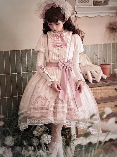 Half Sweet~Doll Garden~Sweet Lolita JSK Dress Cat Print Pink Dress Set   