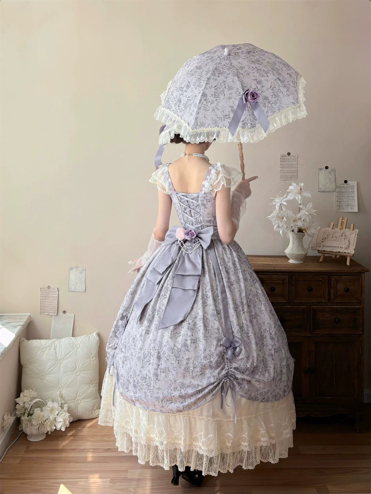 Dolota Flower Wall - Classic Lolita Floral OP Dress, Open Shoulder 44485:811229