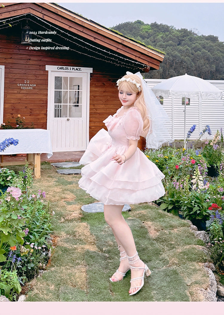 Yingtang~Plus Size Pink Lolita Gorgeous OP Dress Princess Trailing Dress Pink - short OP XL 