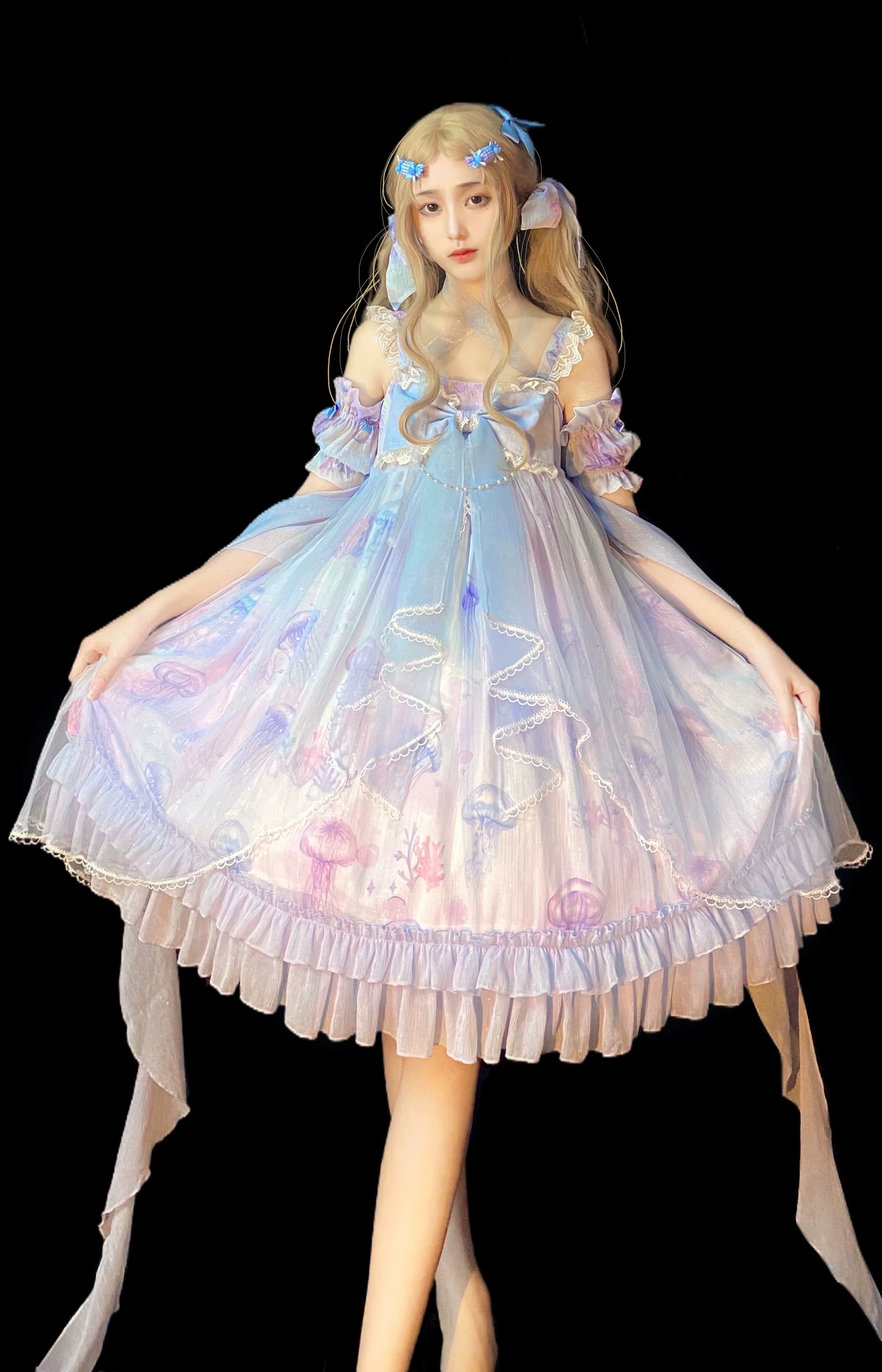Coral Jellyfish - Sweet Lolita High-waist JSK Dress, Jellyfish & Coral Print 44906:827436