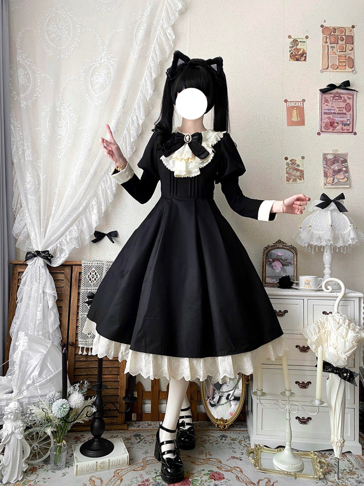 Qianmu~Classic Maid~Gothic Maid Lolita OP Suit with Apron and Jabot