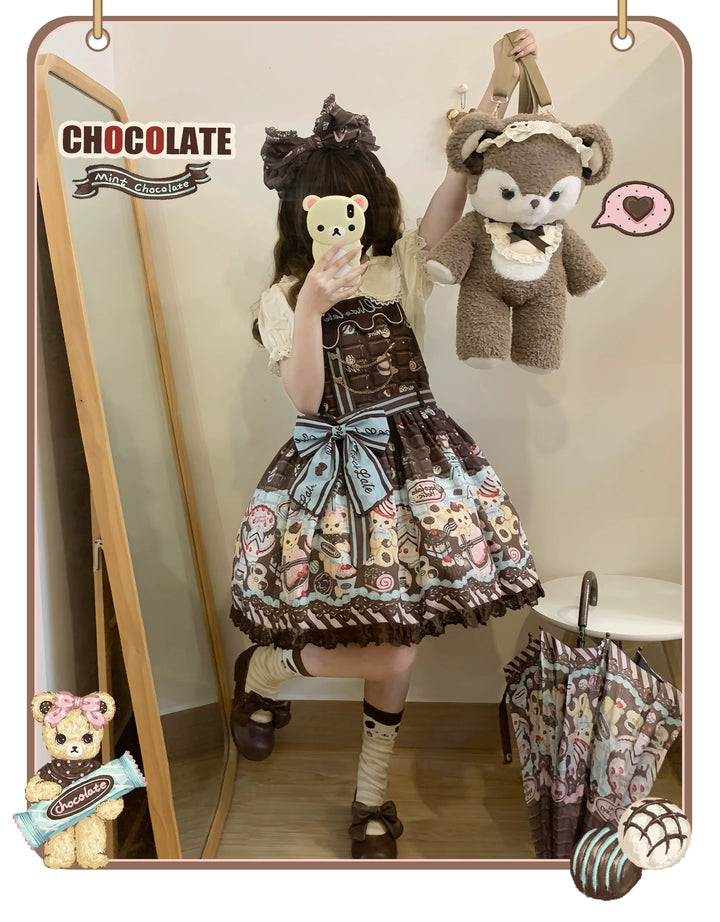 Sweet Dream Sheep~Chocolate Bear~Sweet Lolita Salopette High Waist Dress   