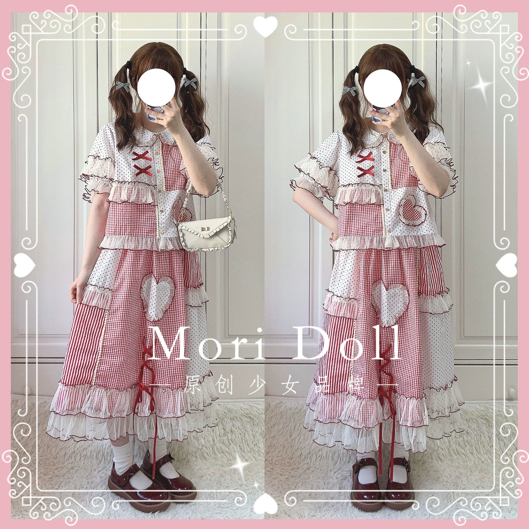 Mori Doll~Peach Tea~Sweet Lolita Dot and Stripe Print Short Sleeve Blouse