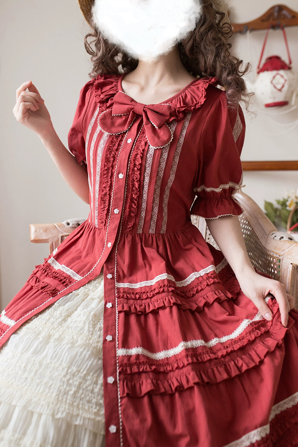 Miss Point~Cat Rose Tea~Elegant Lolita OP Open-front Short Sleeve Tiered Dress