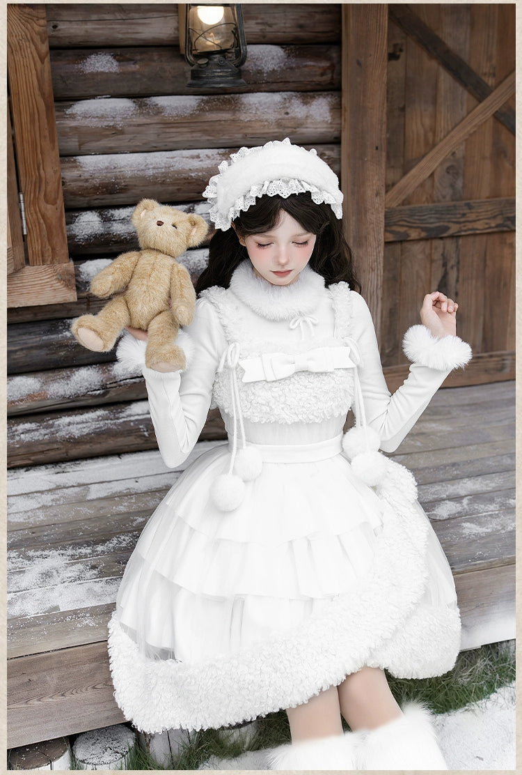 With PUJI - White Choco - Winter Kawaii Lolita JSK Dress Set, Fluffy Accents 44246:801097