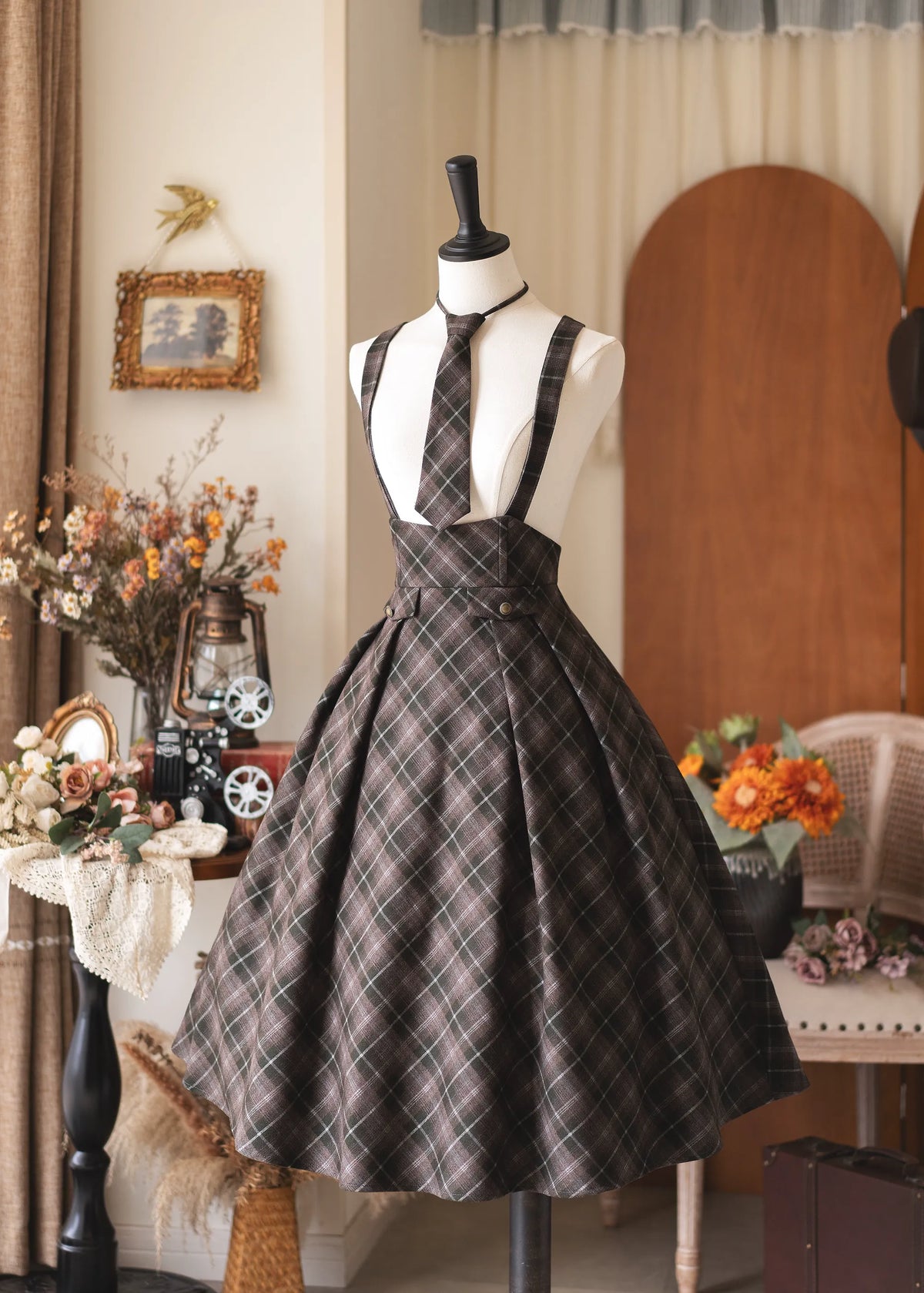 Forest Beats - Elegant Classic Lolita Suspenders Skirt, Plaid Pattern (2XL L M S XL) 46082:874437