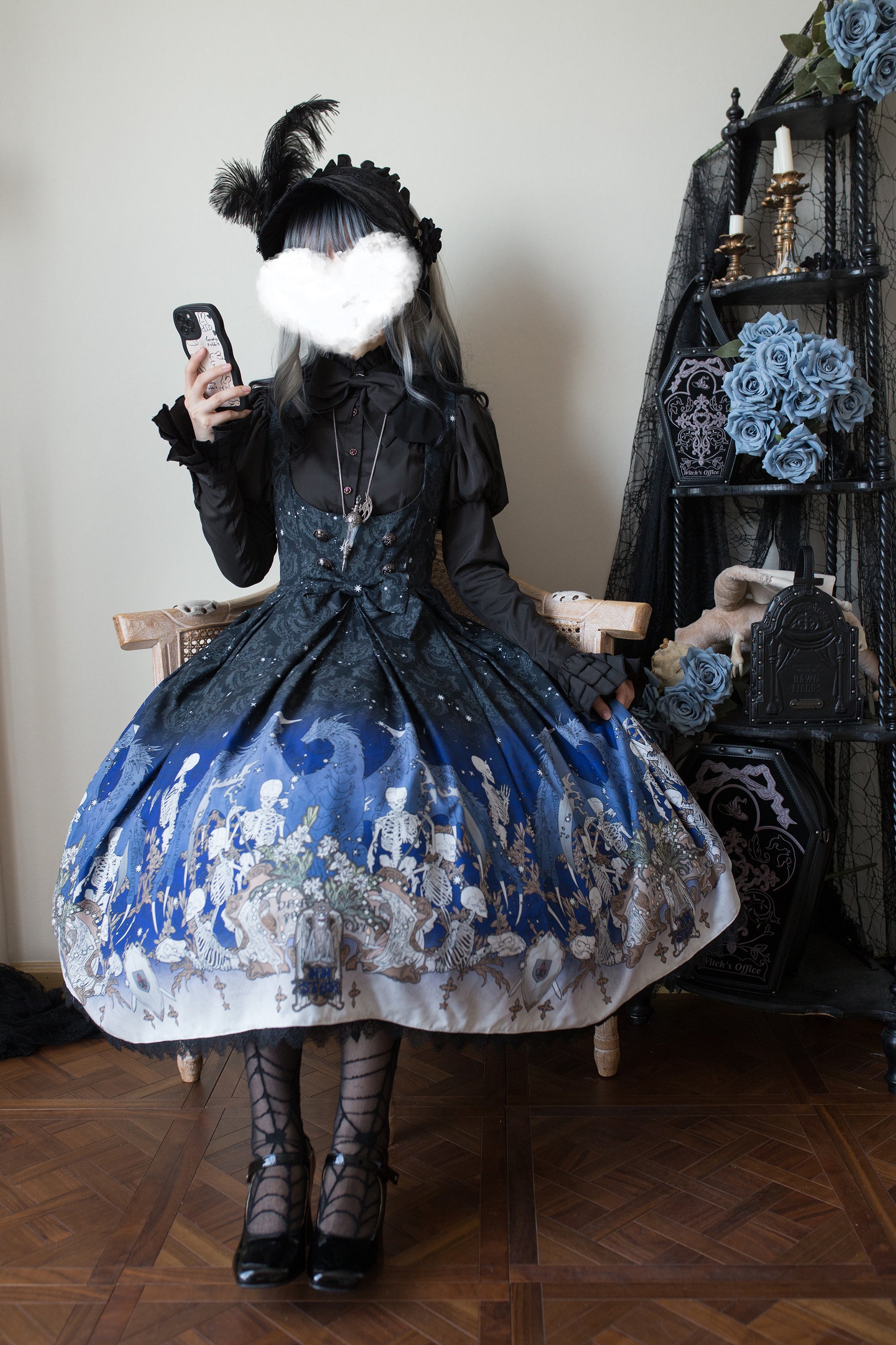 Nn Star - Dragonbone Lily - Dragon Skeleton Print Gothic Lolita Bust-supporting JSK and BNT 42664:748574