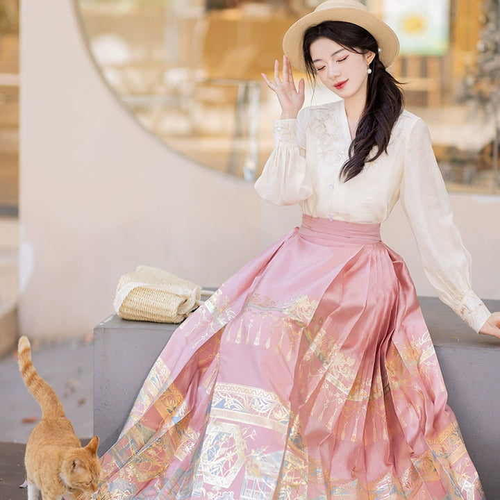 Chixia~Chinese Symbol of Jiangnan in Painting~Han Lolita Skirt Long Sleeve Shirt and Horse Face Skirt Set   