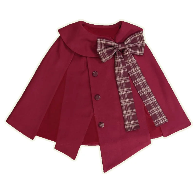 Christmas Lolita Wine Red Cape Coat, Bunny Ear & Plaid Bow Cape Coat + Detachable Bow Only S