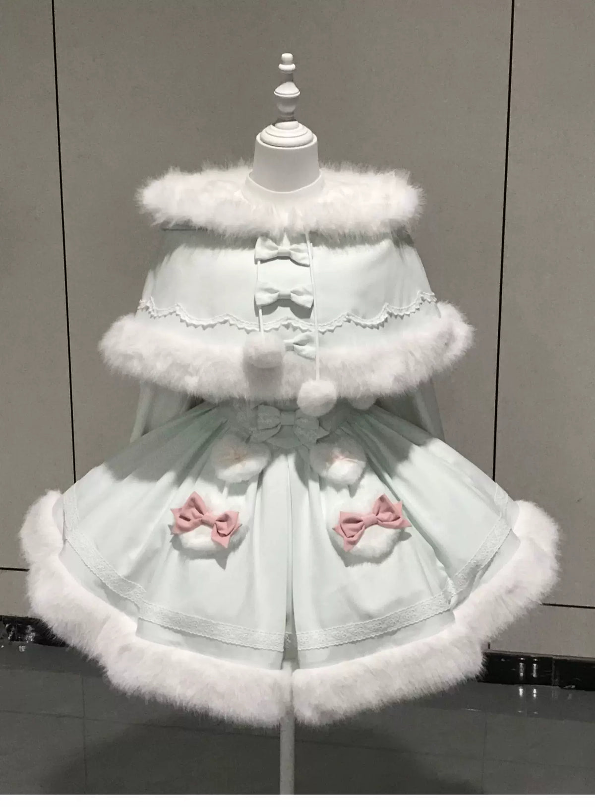 Sweet Dream Bunny - Sweet Lolita Cape & JSK Dress Set, Faux Fur Bunny Ear