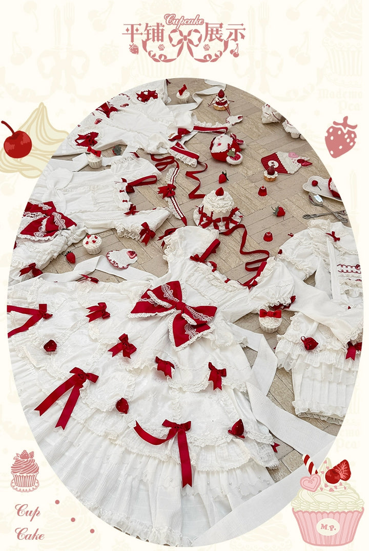 Mademoiselle Pearl - Cup Cake - White, Red Bow, Sweet Lolita Dress Set 43333:773874