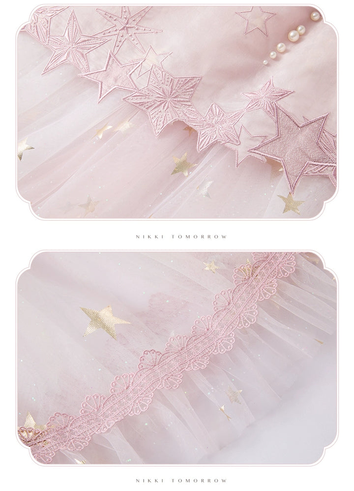 Nikki Tomorrow~Stars Descending~Pink Classic Lolita OP Mesh Embroidery Dress