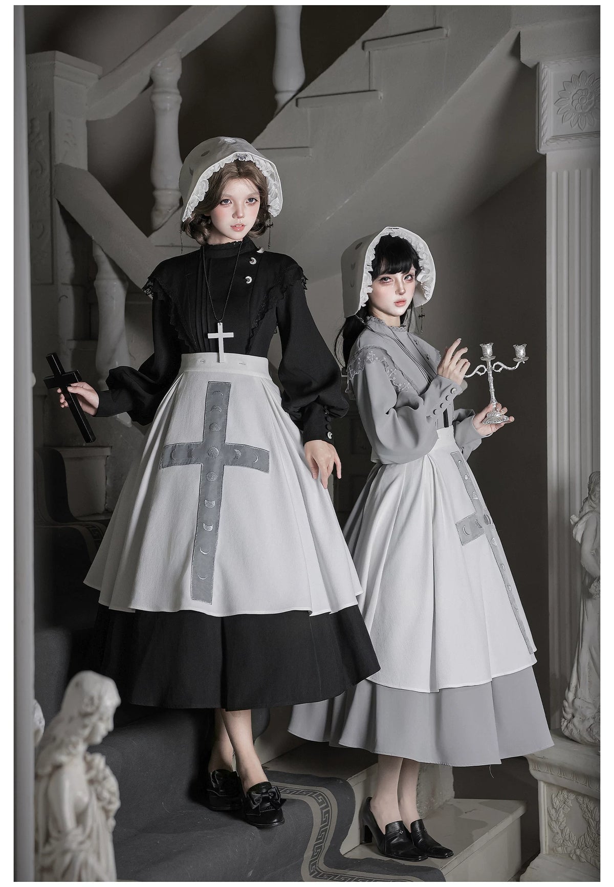 Moon Phase - Gothic Lolita OP Dress Set, Detachable Cross-Shaped Apron 46035:873421