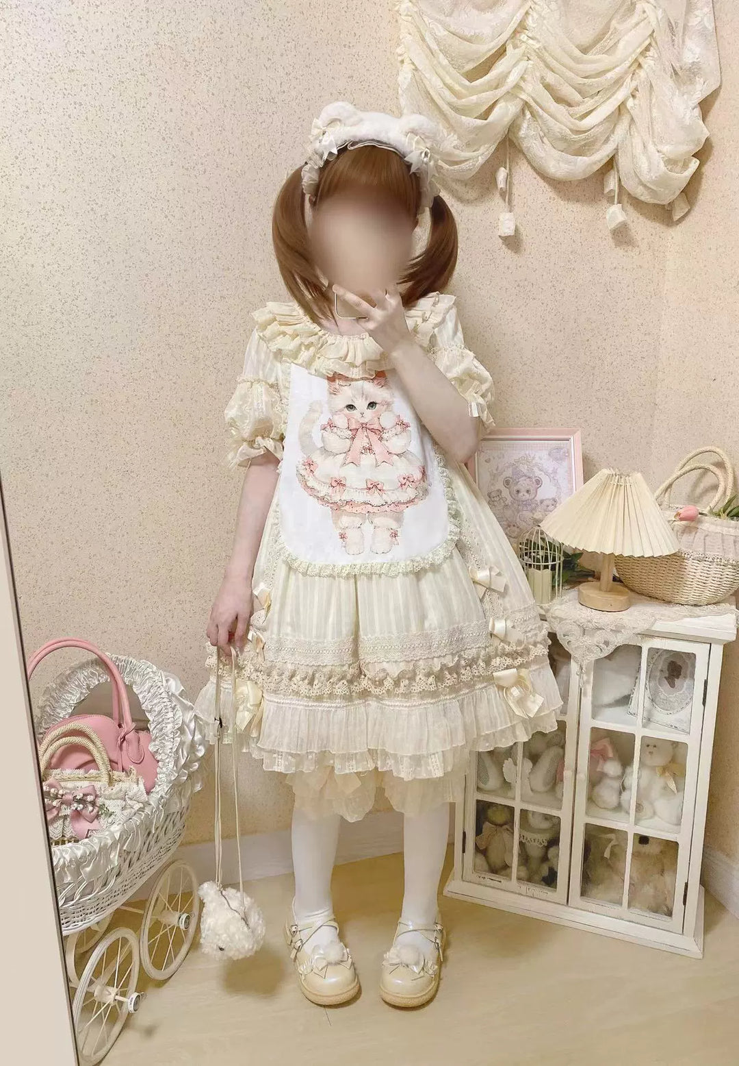 Ilovexiaolu~Meow Lullaby~Cotton Kawaii Lolita OP Dress with Removable Kitty Apron