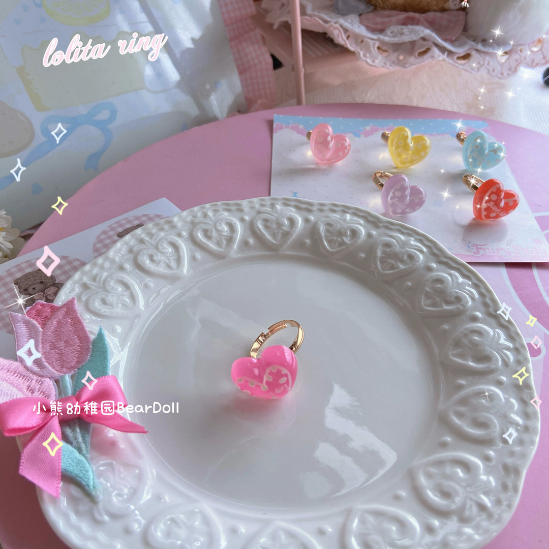 Bear Doll~Kawaii Lolita Ring Adjustable Shell Heart Shape Accessories Rose red heart Free size 