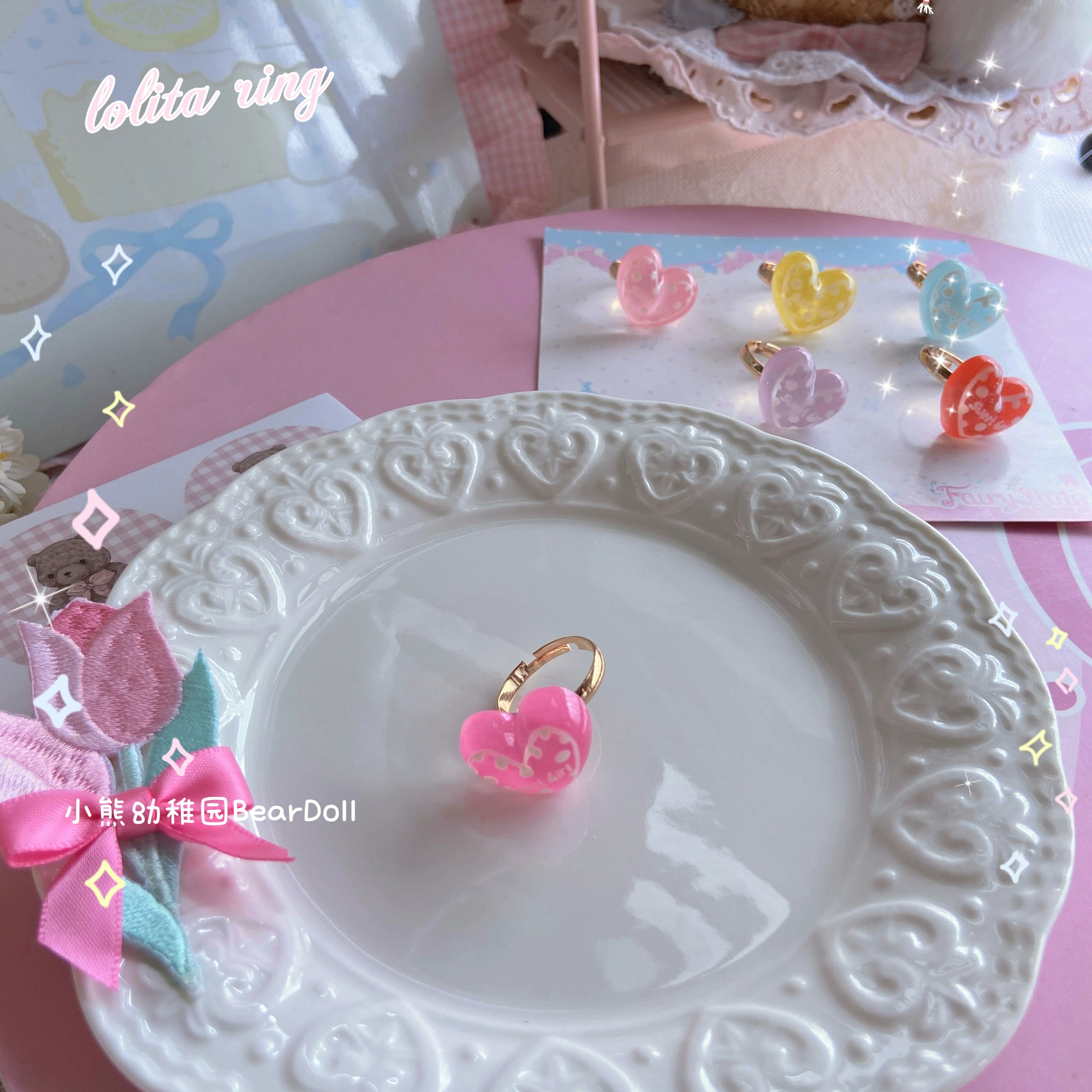 Bear Doll - Kawaii Lolita Ring Adjustable Shell Heart Shape Accessories Rose red heart One Size