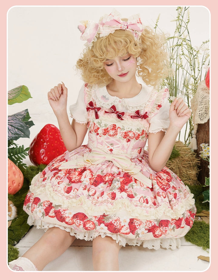 Strawberry Fantasia~Sweet Lolita OP Dress Set Puffy Skirt Long JSK and Shirt