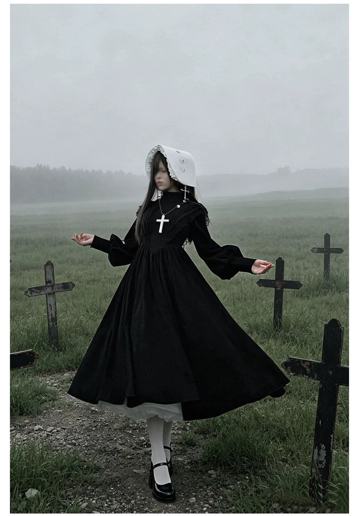 Moon Phase - Gothic Lolita OP Dress Set, Detachable Cross-Shaped Apron 46035:873390
