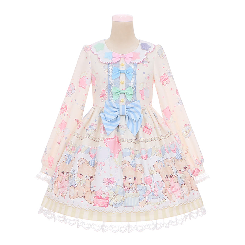(BFM)To Alice~Dear Dolls~Sweet Lolita OP Dress Petal Collar Bear Print Long Sleeve size 0 Light yellow dress 