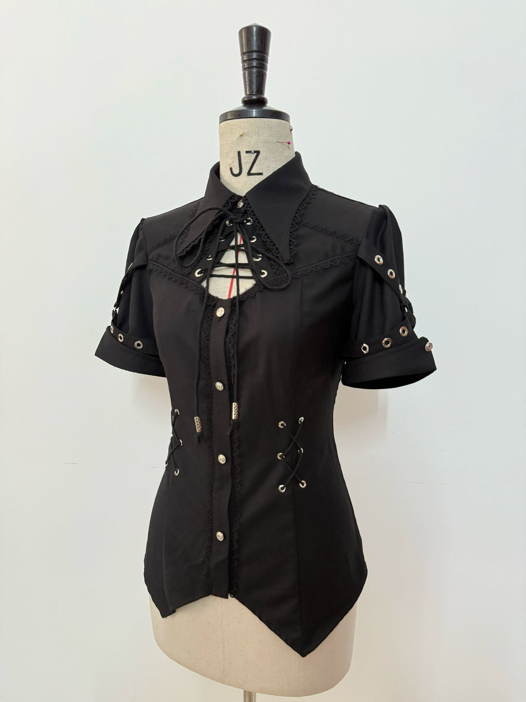 Gazing Galactic~Ouji Lolita Blouse With Chest Cutout & Lace-Up Black Blouse Only S