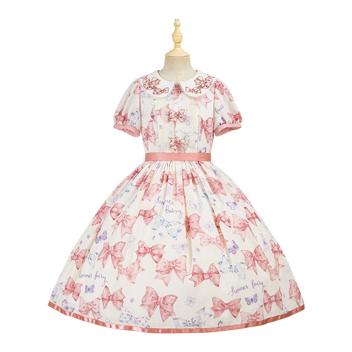 Summer Fairy~Eternal Garden~Sweet Lolita Dress Suit Elegant Open-Shoulder OP and JSK Pink bow collar short-sleeved OP XS