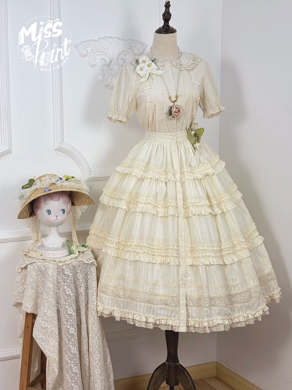 Miss Point~Cat Rose Tea~Elegant Lolita SK Pure Cotton Open-front Skirt 42142:728309