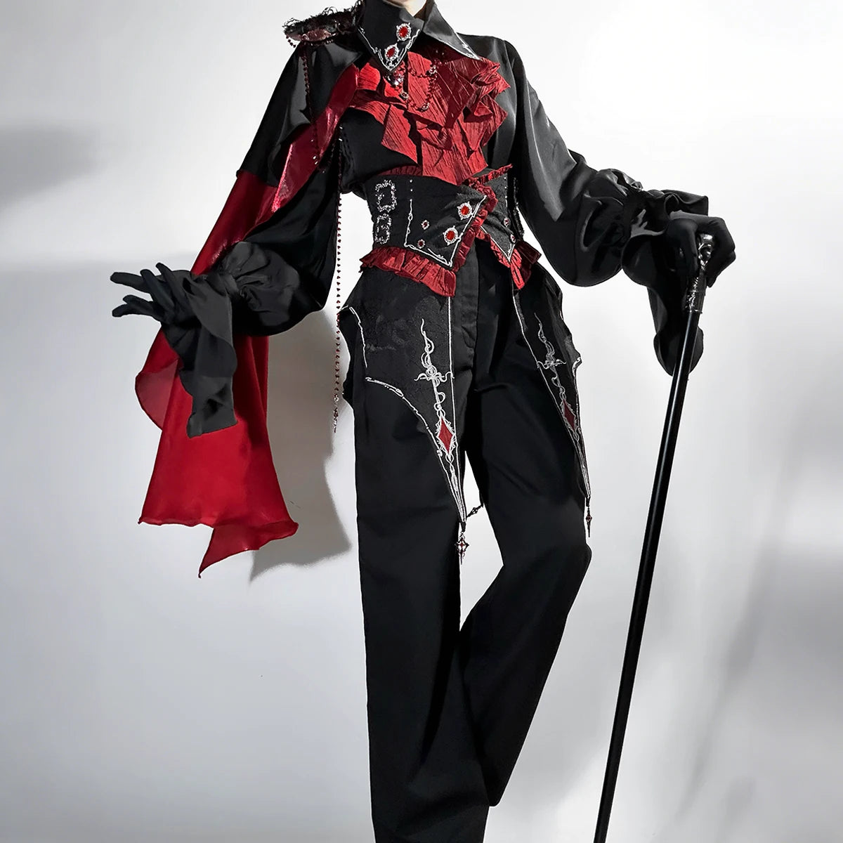 Crimson Vow - Red Black Ouji Lolita Blouse & Pants Set, Vine Embroidery 45953:869273