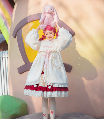 ZhiJinYuan~Sweet Lolita Coat Thickened Fluffy Bunny Ears Long Overcoat   