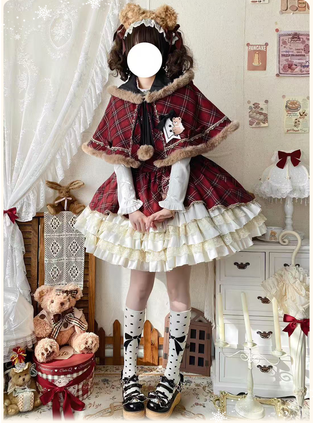 OCELOT - Kurikuma Cocoa - Christmas Plaid Lolita JSK, Hooded Cape 44202:799748