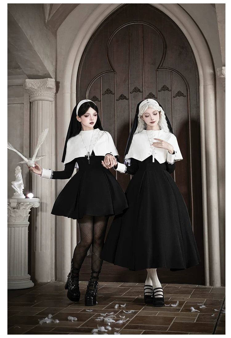 Nihil - Gothic Nun Lolita OP Dress, Irregular Hem Cape