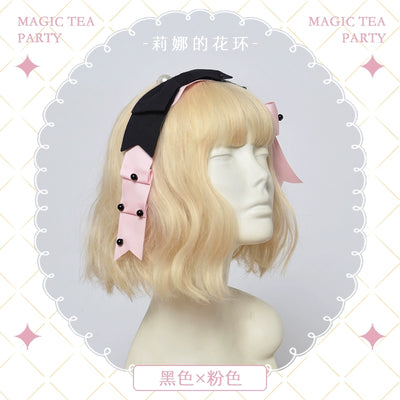 Magic Tea Party~Lena's Garland~Elegant Lolita HeaddressPearl Headband Set with Hair Clip free size black + pink 